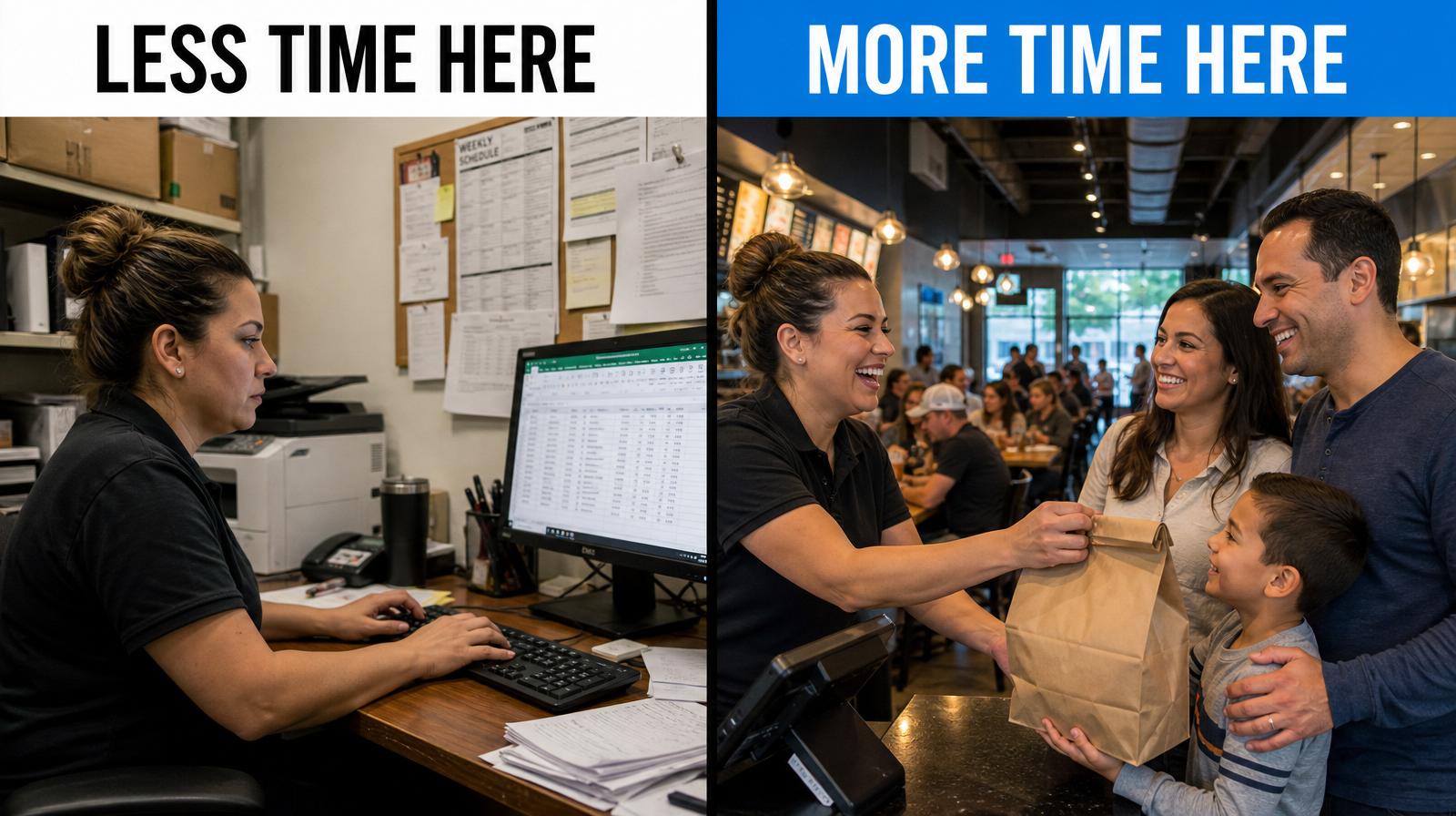 Left: manager buried in spreadsheets. Right: manager engaging with a guest.