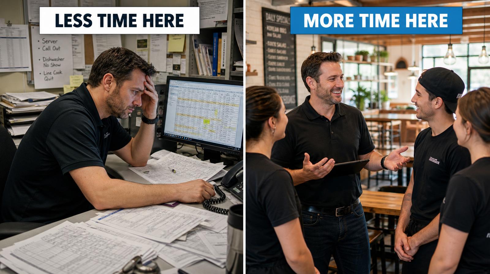 Split screen: a manager stuck at a desk vs. leading the team on the floor